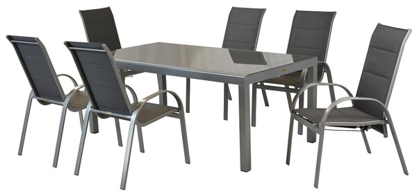 Set di mobili da giardino Merxx Amalfi 7 pezzi, 4 sedie impilabili, 2 sedie con molle a gas, 1 tavolo 190 x 100 cm - alluminio/tessuto