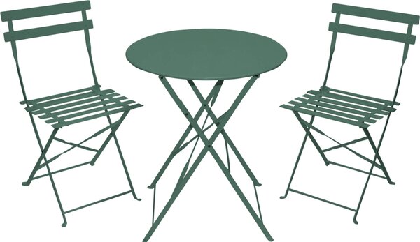 Set bistrot 3 pezzi in metallo con tavolo e sedie pieghevoli verdi