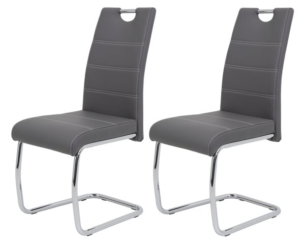 Hela Tische, set di 2 sedie per sala da pranzo a sbalzo Flora - rivestimento in Pelle finta grigio - struttura in metallo a tubo tondo cromato - portata 120 kg - schienale con maniglia