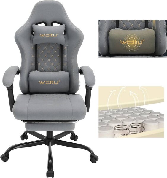 Sedia da gaming WOLTU con funzione massaggio, cuscino a molle insacchettate, ergonomica, tessuto a rete, grigia