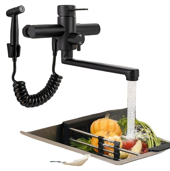 Rubinetto da cucina da montare a parete, girevole a 360°, realizzato in acciaio inossidabile 304, altezza 15 cm, lunghezza 23 cm, include il beccuccio con getto spray
