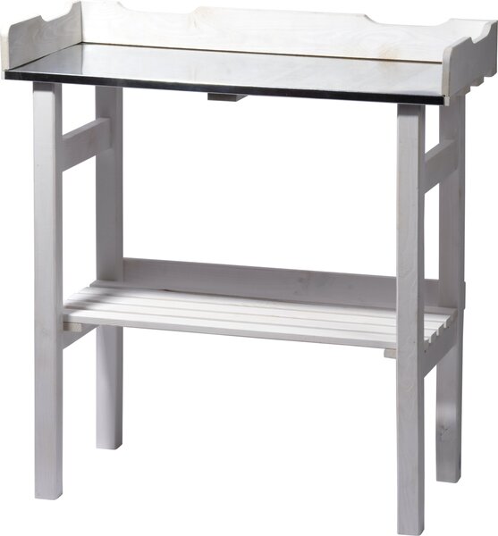 Dobar Tavolo da giardinaggio moderno bianco in robusto legno di pino trattato, ripiano in zinco, 78 x 38 x 84 cm