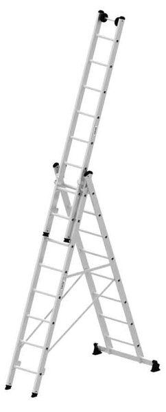 Scala a pioli multiuso a 3 sezioni con traversa nivello® e rotelle a parete 3x8 pioli