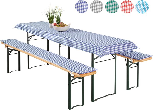 Heimtexland ® Set di 3 coperture per set da birreria 2x imbottitura per panca da birreria 1x tovaglia a quadretti Vichy Decorazione da tavolo da giardino tipo 331 blu Dimensioni tavolo 70x220 cm