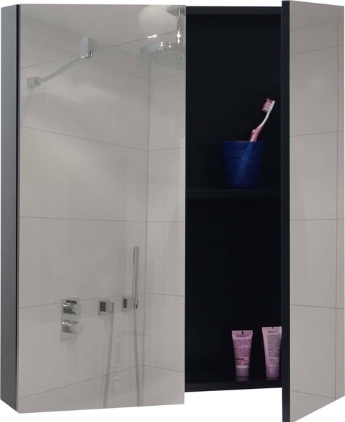 Specchiera HWC-B19b, pensile per bagno, 2 ripiani ® lucido 70x60x16cm ~ nero