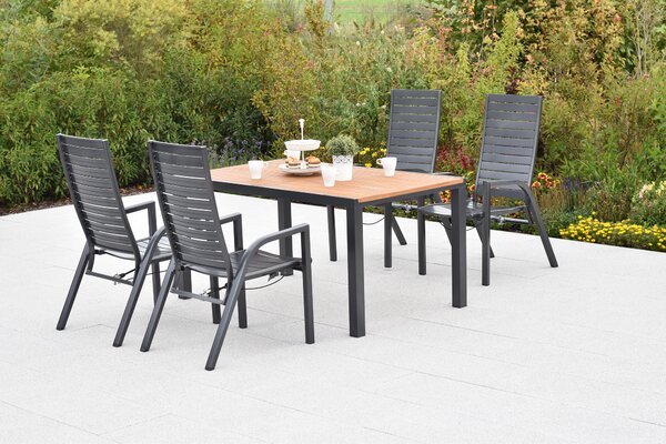 Set di mobili da giardino Merxx Siros, 5 pezzi: 4 poltrone regolabili tramite molla a gas, tavolo 150 x 90 cm - Acacia/Alluminio