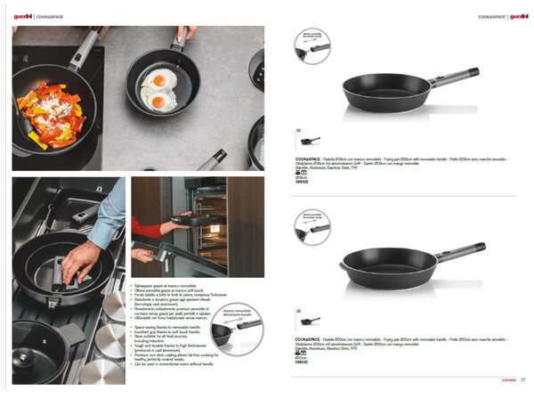 Padella Manico Removibile Diametro 30 cm linea Cook e space adatta a tutte le fonti di calore anche induzione lavabile in lavastoviglie colore nero