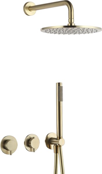 Sistema doccia da incasso BB Rain con termostato e deviatore, doccetta e flessibile + braccio doccia e soffione Rain, oro spazzolato