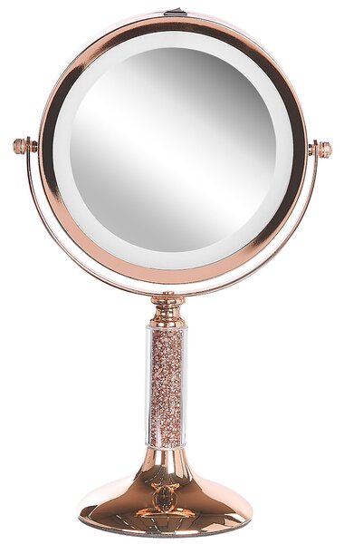 BELIANI Specchio cosmetico in metallo rosa-dorato ø 13 cm rotondo bifacciale ruotabile con supporto di luce LED specchio da tavolo per il trucco con ingrandimento 5x