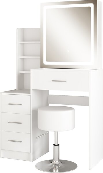 Tavolo da toilette Vicco Lisca Bianco 80 cm con specchio LED e sgabello, Model 50168