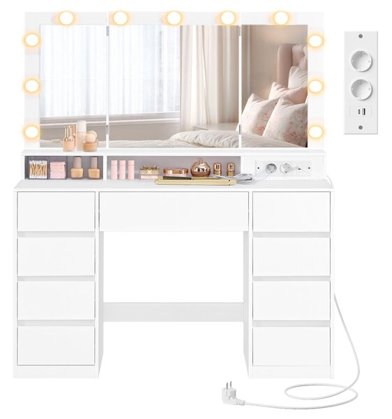 VASAGLE, tavolino da toilette con illuminazione a LED, tavolino da toilette con specchio pieghevole, cassetti, prese, colori della luce regolabili, bianco