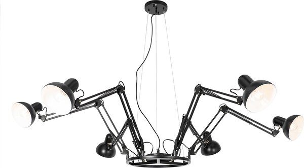 QAZQA - Industria I Vintage I Lampada a sospensione industriale I Lampada a sospensione I Lampada a sospensione nera a 6 luci regolabile - Ragno Hobby - acciaio rotondo - LED adatto E27