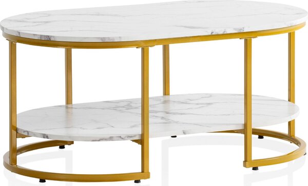 WOHNLING Tavolino da caffè 100x60x45 cm Bianco con aspetto marmoreo Tavolo da soggiorno Tavolo rettangolare da salotto con ripiano Tavolino da caffè Moderno con oro