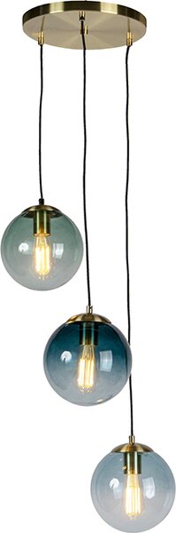 QAZQA - Lampada a sospensione Art Deco I lampada a sospensione in ottone con vetro blu - PallonI 3 luci I soggiorno I camera da letto - sfera I sferica I allungata - LED adatto E27
