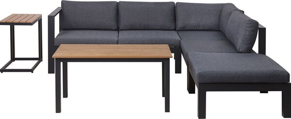 BELIANI Set di divani angolari da giardino con struttura in alluminio nero e cuscini grigi 5 posti tavolino e tavolo laterale