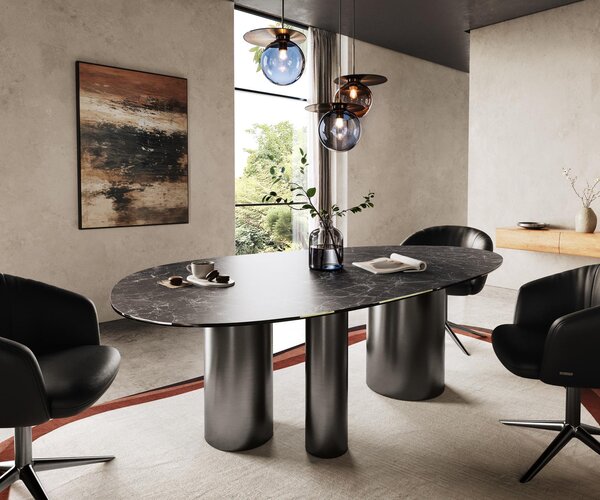 DELIFE Tavolo da pranzo Edge ovale, 220x120 cm, piano in laminato ceramico Laminam® nero "Greco", gambe in acciaio inossidabile grafite, modello Troa