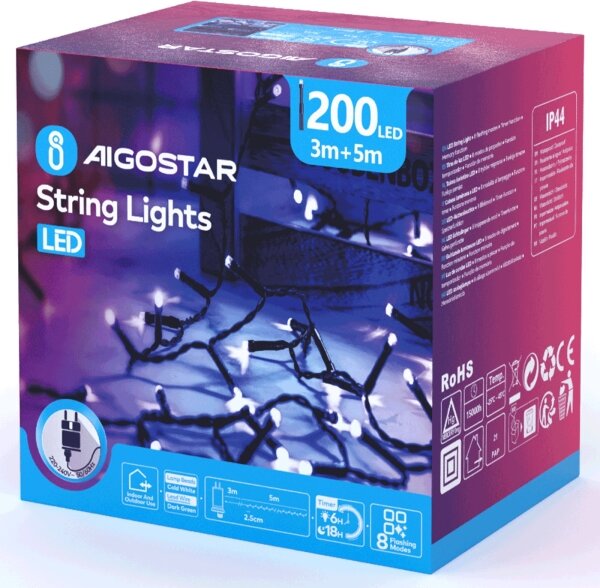 Aigostar - Catena luminosa natalizia LED da esterno 200 LED/8 funzioni 8 m IP44 bianco freddo
