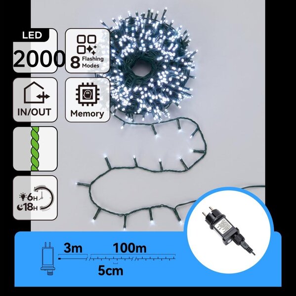 Aigostar - LED Catena luminosa natalizia da esterno 2000xLED/8 funzioni 103m IP44 bianco freddo