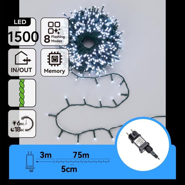 Aigostar - LED catena luminosa natalizia da esterno 1500xLED/8 funzioni 78m IP44 bianco freddo