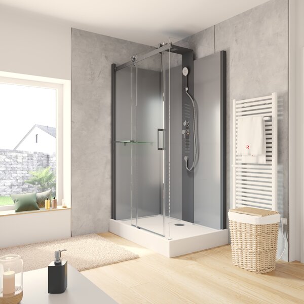 Porta scorrevole della cabina wellness Corsica di Schulte, cabina completa, vetro di sicurezza ESG chiaro spessore 6 mm, pareti posteriori 5 mm ESG nero, colore profilo: nero, 120 x 80 x 220 cm