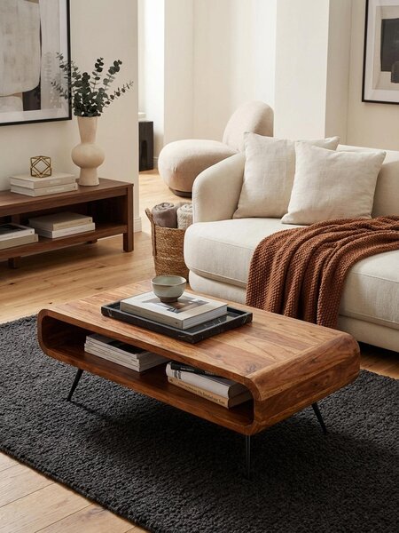 Tavolino 90x55x30 cm Sheesham in legno massello/metallo Tavolo da divano quadrato, tavolo da soggiorno con vano portaoggetti, tavolino solido, tavolino laterale da soggiorno moderno rettangolare
