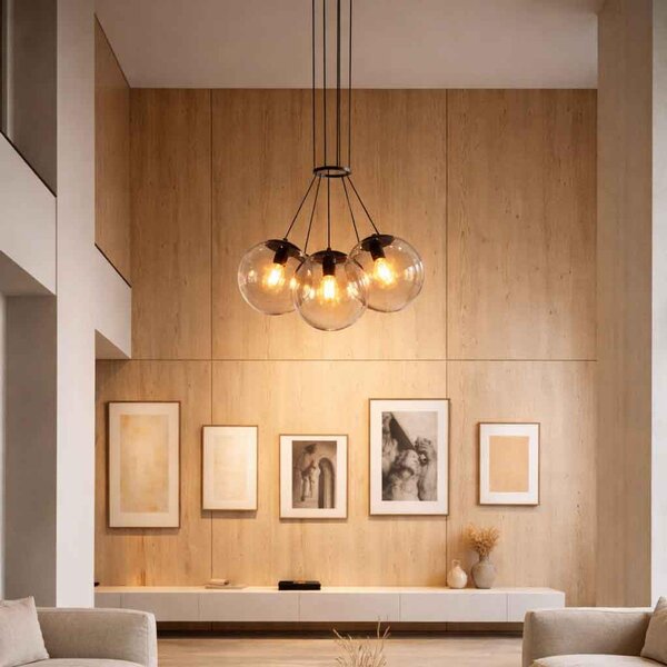 S.luce Orb Cluster: lampada a sospensione in vetro a forma di sfera, ideale per gallerie, con 3 luci. Modello "Rauch", diametro 20 cm, disponibile in versione rotonda e allungata