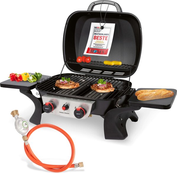 Barbecue a gas ProfiCook con 2 bruciatori in acciaio inox, barbecue da tavolo con riduttore di pressione e tubo del gas, con display della temperatura - PC GG 1261