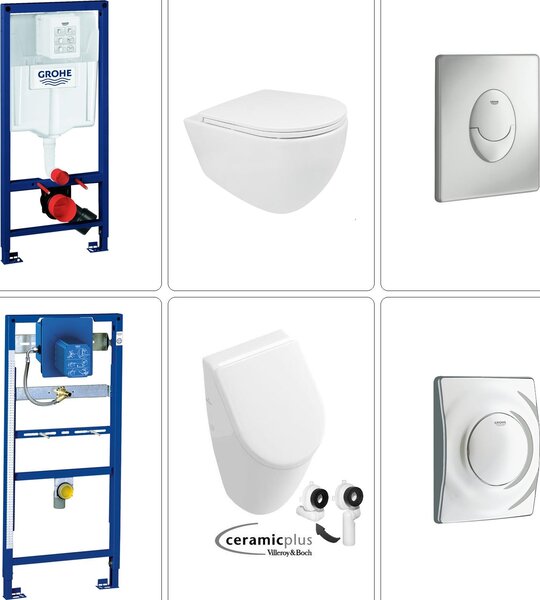 BB INFINITY WC sospeso senza bordo con orinatoio Villeroy & Boch Subway con CeramicPlus inclusi accessori Grohe, cromo opaco