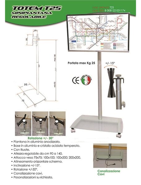 Porta TV LCD Minipiantana da 14 a 32 Pollici altezza regolabile telescopica max 140 cm min. 90 cm