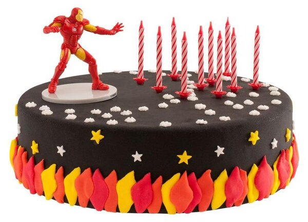 Statuetta per torta Iron Man e candele rosse