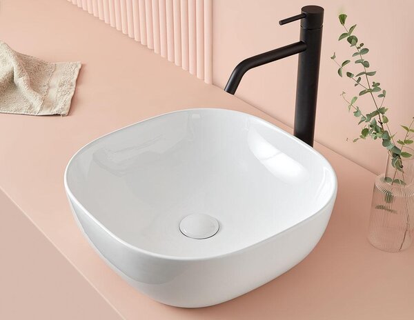 Lavabo da appoggio PALERMO 42,5 cm x 42,5 cm x 14,5h con valvola a stelo click-clack, bianco