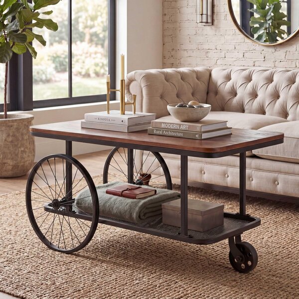 Tavolino da salotto MCW-Q69, tavolino da salotto, stile industriale retrò con cerchio in legno, 54x100x60 cm ~ marrone, metallo nero