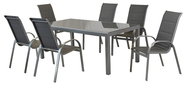 Set di mobili da giardino Merxx Amalfi grafite 7 pezzi, 6 sedie impilabili, 1 tavolo 190 x 100 cm - alluminio/tessuto