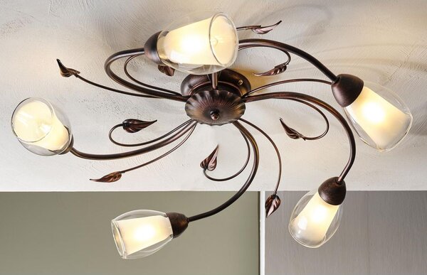 LILIANA PLAFONIERA CLASSICA 5 LUCI IN METALLO BRONZO SPENNELLATO ORO CON DIFFUSORI IN VETRO