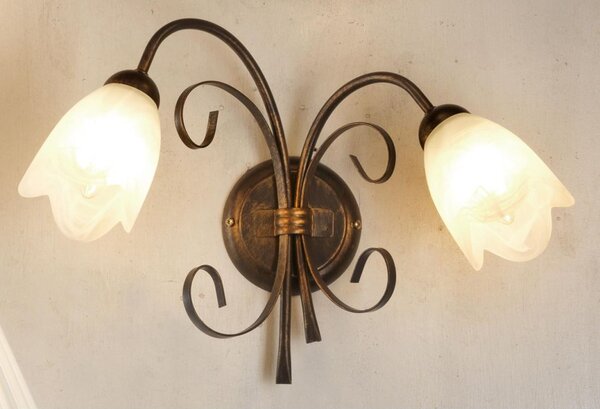 ODINO APPLIQUE 2 LUCI IN METALLO BRONZO SPENNELLATO ORO DIFFUSORI IN VETRO LAMPADINE ATTACCO E14