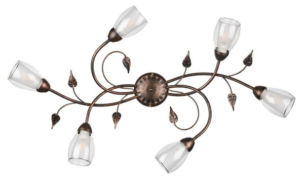 LILIANA PLAFONIERA OVALE 6 LUCI IN METALLO BRONZO SPENNELLATO ORO CON DIFFUSORI IN VETRO CLASSICA