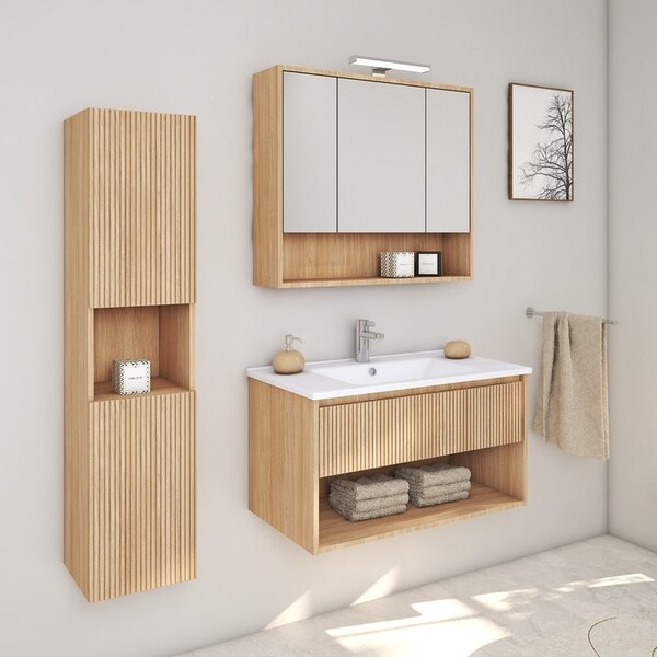 Kamalu mobile bagno cannettato 80 cm rovere chiaro | lac-iride-80
