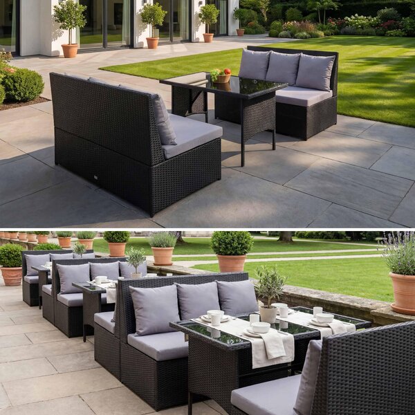 Set in polyrattan MCW-G16, set da giardino/lounge, set da pranzo, ristorazione 2 divani da 2 posti Tavolo ~ nero, cuscini grigio chiaro