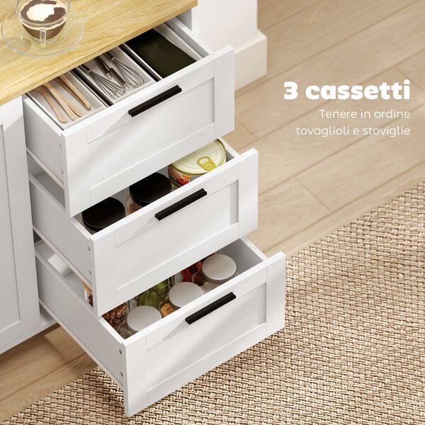 HOMCOM Mobile Cucina con 3 Cassetti e Armadietto 2 Ante Ammortizzate, Ripiani Regolabili, 120x38x76 cm, Bianco | Aosom Italy