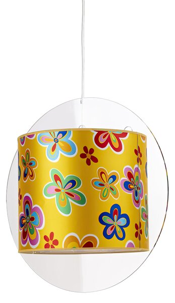 Sospensione Diametro 60 cm Simonetta Giallo Fiori,design Walter Sbicca realizzato in Cristallo acrilico , cotone , metallo, misure 60x40x60 cm