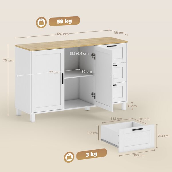 HOMCOM Mobile Cucina con 3 Cassetti e Armadietto 2 Ante Ammortizzate, Ripiani Regolabili, 120x38x76 cm, Bianco | Aosom Italy