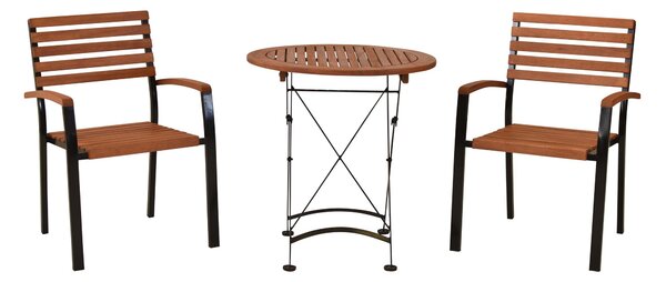 Set di mobili da giardino Merxx Schlossgarten 3 pezzi, 2 poltrone impilabili, tavolo pieghevole Ø 70 cm - acciaio piatto con eucalipto