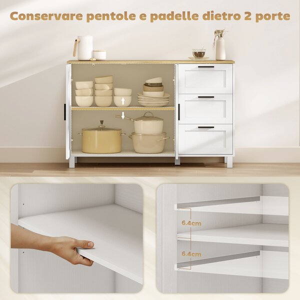 HOMCOM Mobile Cucina con 3 Cassetti e Armadietto 2 Ante Ammortizzate, Ripiani Regolabili, 120x38x76 cm, Bianco | Aosom Italy