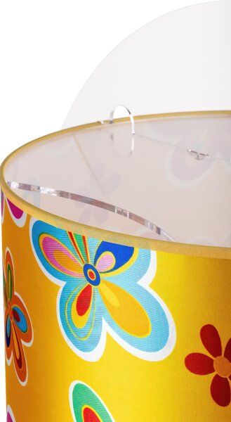 Sospensione Diametro 60 cm Simonetta Giallo Fiori,design Walter Sbicca realizzato in Cristallo acrilico , cotone , metallo, misure 60x40x60 cm