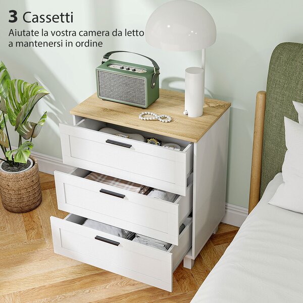 HOMCOM Cassettiera 3 Cassetti Moderna in Legno, 60x38x71 cm, Bianca e color Legno | Aosom Italy