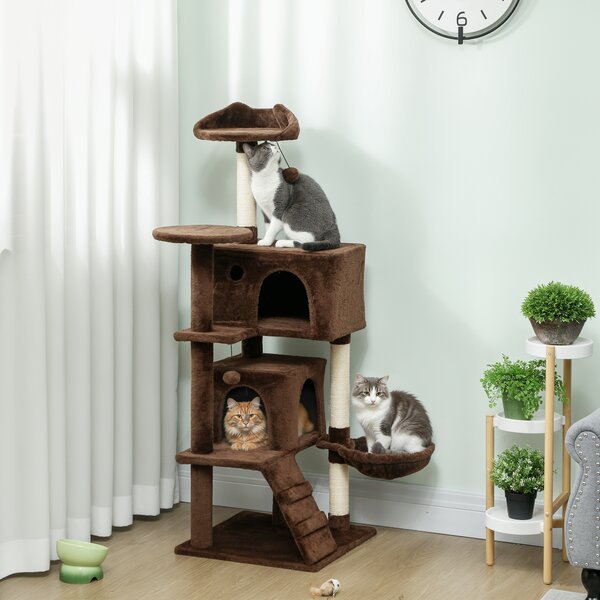 PawHut Tiragraffi per Gatti 140 cm con Piattaforme Letto 2 Grotte Amaca Scala Pali in Sisal Marrone | Aosom Italy