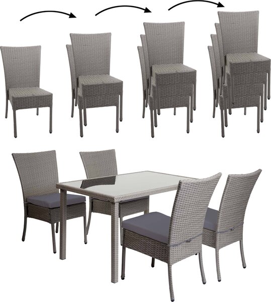 Set in poly-rattan HWC-G19, gruppo di sedute da balcone/lounge, 4xsedia+tavolo, 120x75cm ~ grigio, cuscini grigio scuro