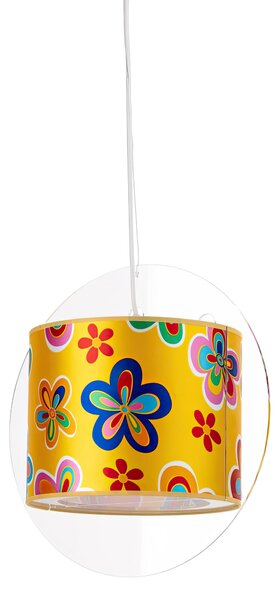 Sospensione Diametro 44 cm Simonetta Giallo Fiori,design Walter Sbicca realizzato in Cristallo acrilico , cotone , metallo, misure 44x30x44 cm