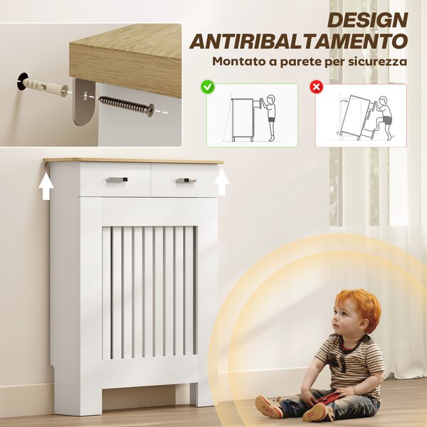 HOMCOM Copritermosifone a Doghe Antiribaltamento con Cassetto, in Legno, 78x19x97 cm, Bianco | Aosom Italy