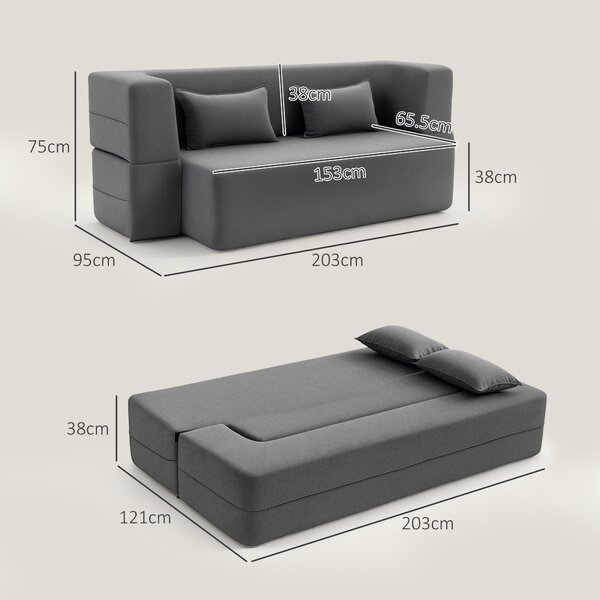HOMCOM Divano letto 2 posti in schiuma, divano letto con braccioli larghi, 2 cuscini, portata 360 kg, Grigio | Aosom Italy